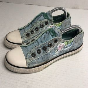 Ed Hardy Sneakers Girls 4 Tattoo Ink Low Top Pull On Shoes Spellout Flowers Blue